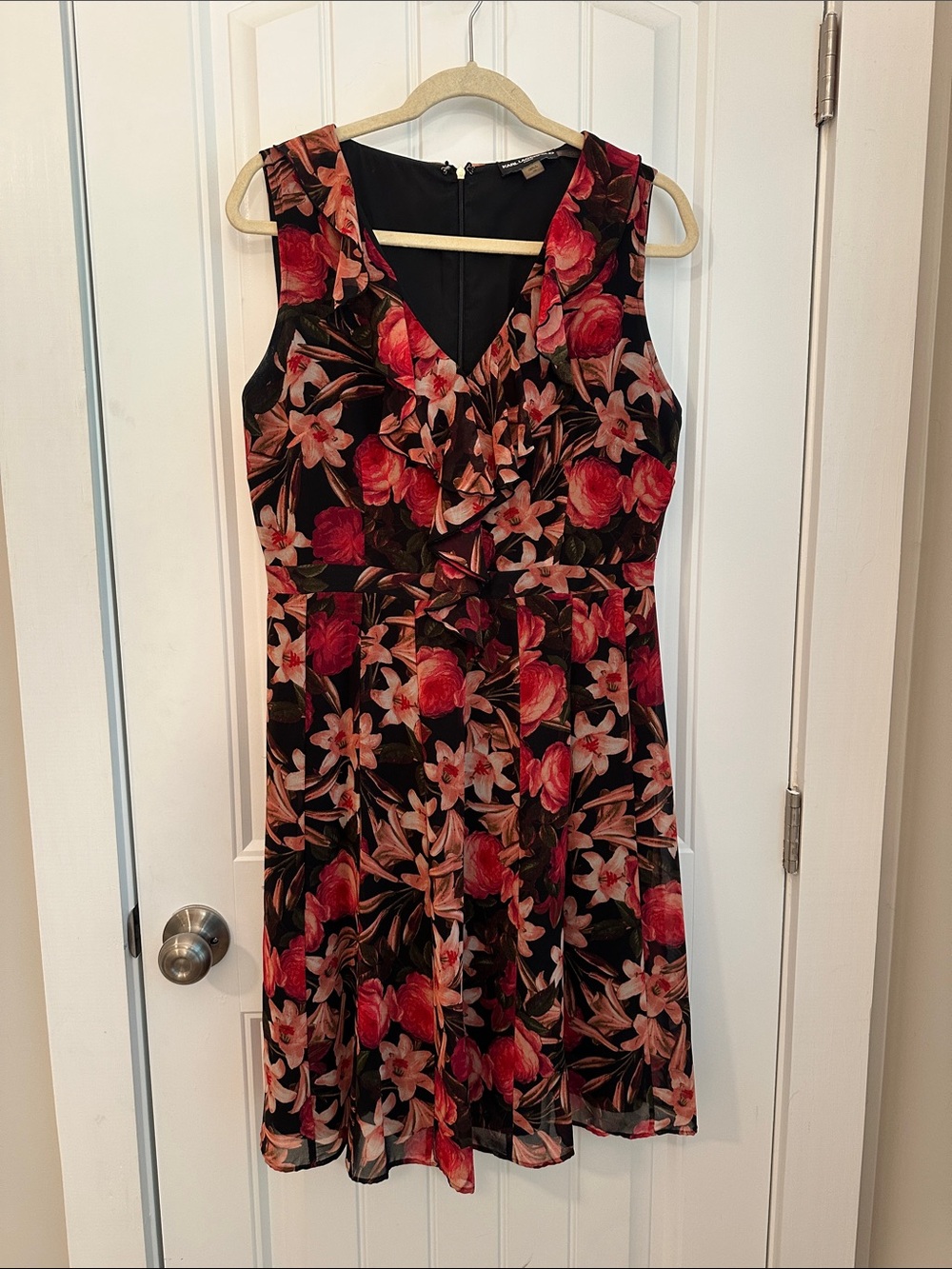 Karl Lagerfeld Black Floral Ruffled V-Neck Midi Dress